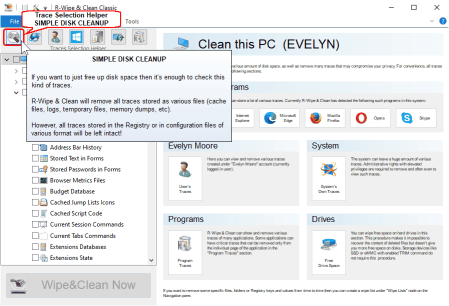The Main panel and the Simple Disk Cleanup button