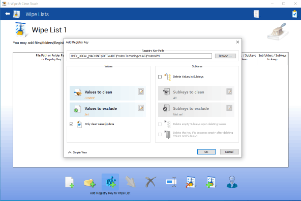 Adding a registry key to a wipe list (the Touch interface)