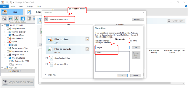 BitTorrent's folder and file masks to wipe