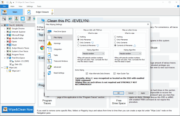 File Wipe Settings for SSD and HDD