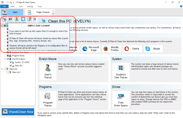 Pannello principale di R-Wipe&Clean con Pulizia disco semplice selezionata in Trace Selection Helper