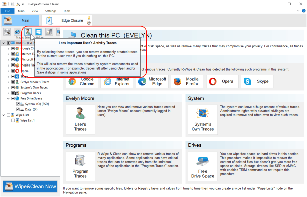 R-Wipe&Clean main panel with selected User's Activity Traces in Trace Selection Helper