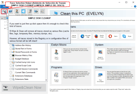 El Panel Principal y el botón de Limpieza Simple del Disco (Simple Disk Cleanup)