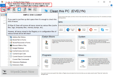 Le panneau principal et le bouton Simple Disk Cleanup