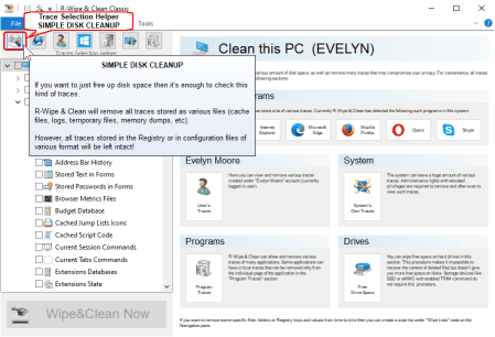 Главная панель и кнопка Simple Disk Cleanup