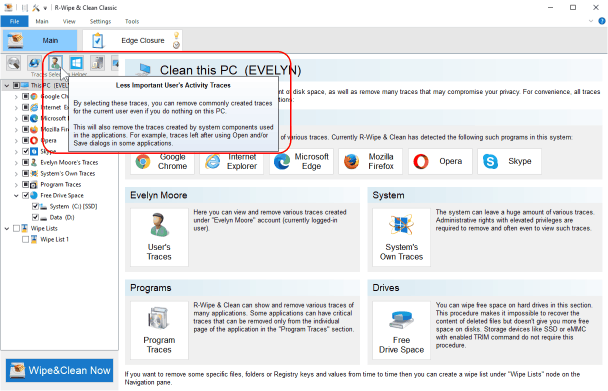 Главная панель R-Wipe&Clean с выбранным User's Activity Traces в Trace Selection Helper.